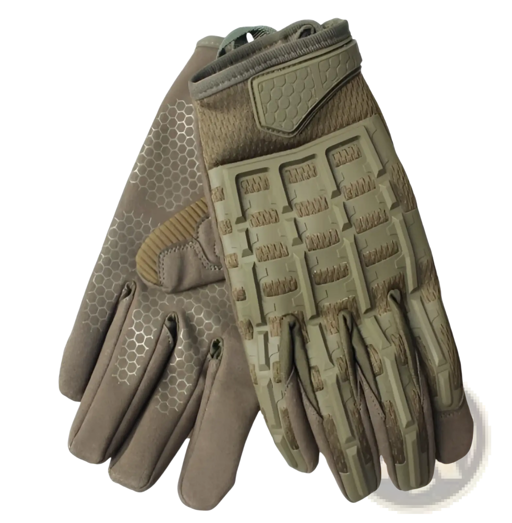 Tan tactical gloves featuring reinforced knuckles, textured grip patterns, and reinforced palm panels for durability