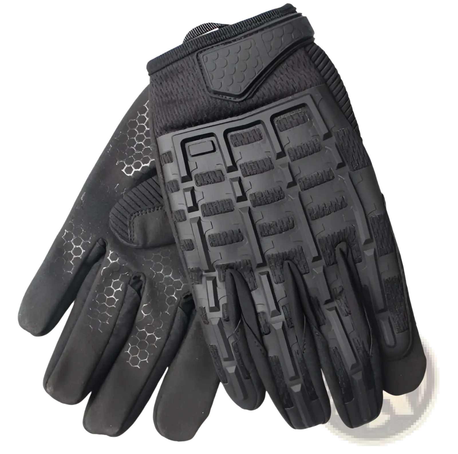 Black tactical gloves with textured grip patterns and reinforced palm design for enhanced durability and protection