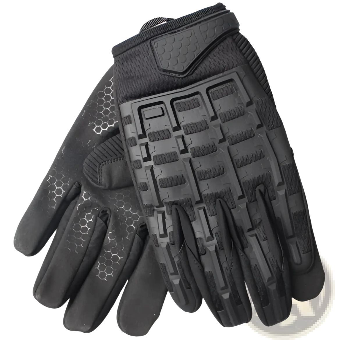 Black tactical gloves with textured grip patterns and reinforced palm design for enhanced durability and protection