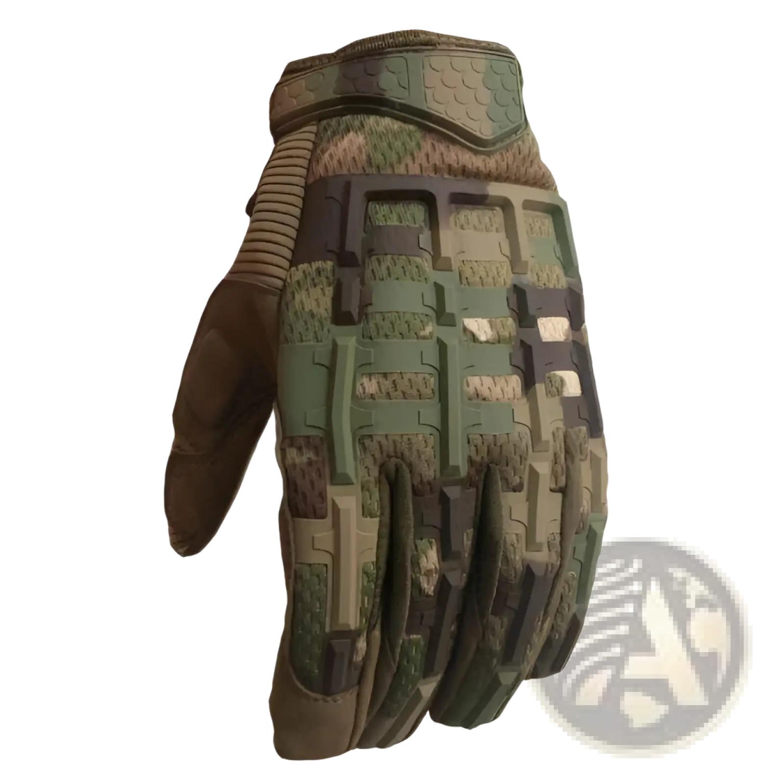Tan tactical gloves with reinforced knuckles featuring camouflage green brown and tan palm and finger protection
