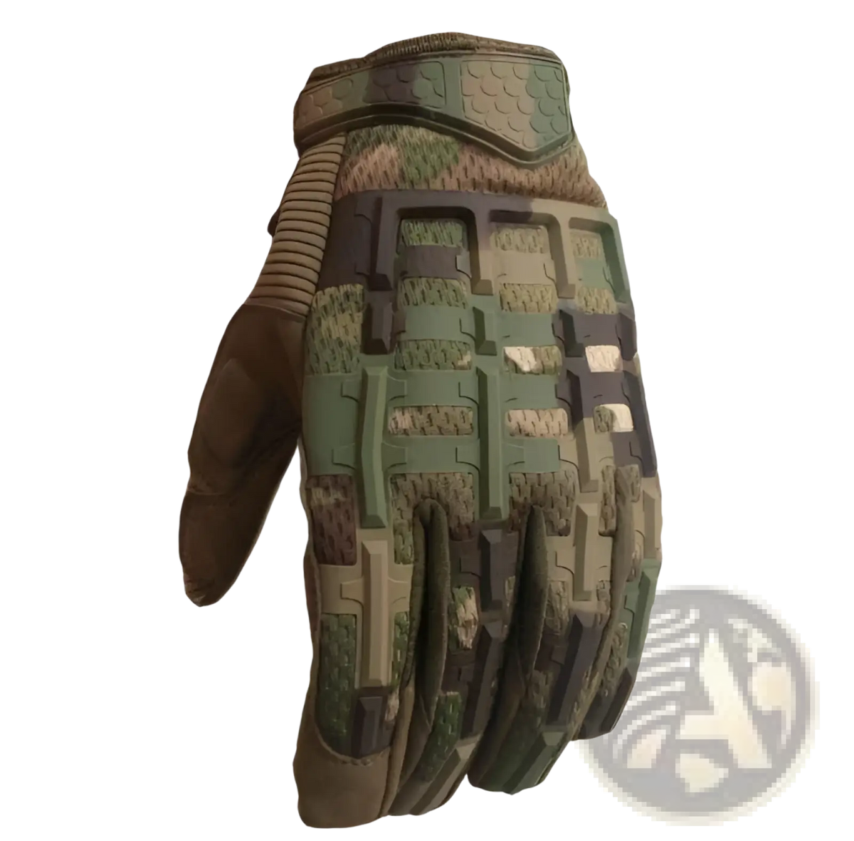 Tan tactical gloves with reinforced knuckles featuring camouflage green brown and tan palm and finger protection
