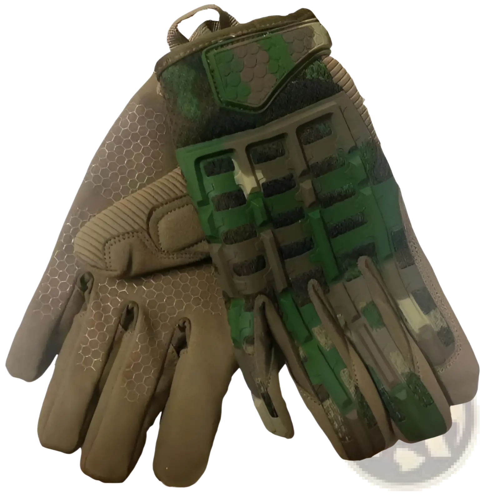 Tan tactical gloves with reinforced knuckles in tan and green camouflage featuring reinforced finger panels and hex grip pattern