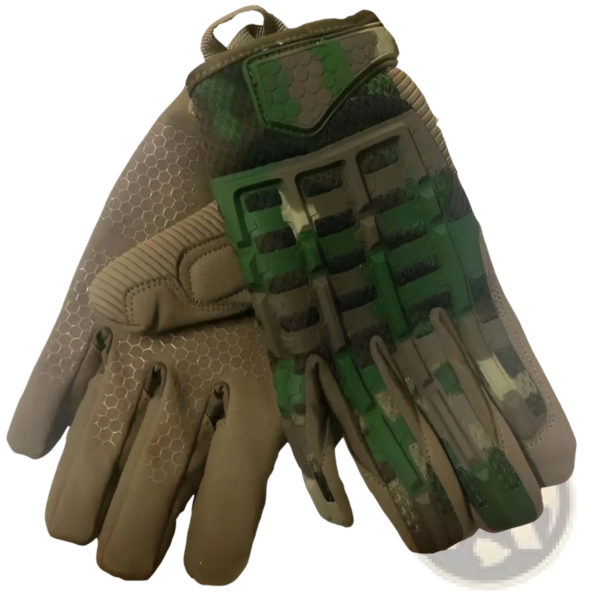 Tan tactical gloves with reinforced knuckles in tan and green camouflage featuring reinforced finger panels and hex grip pattern