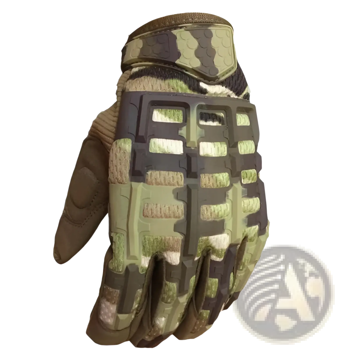 Tan tactical gloves with reinforced knuckles feature camouflage mesh fabric and black rubberized grip panels on the back side