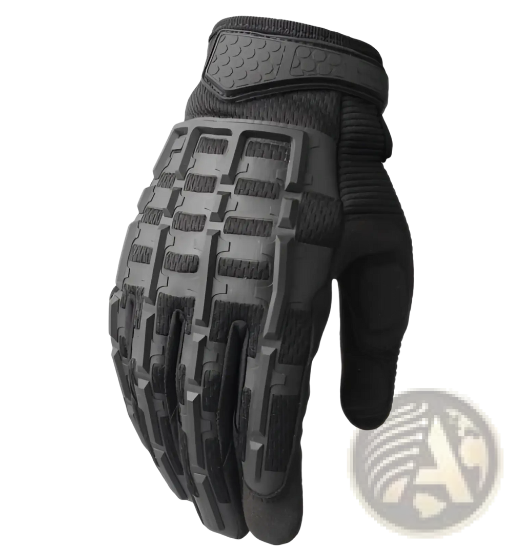 Black tactical glove with textured reinforced palm and fingers designed for grip in tan tactical gloves with reinforced knuckles