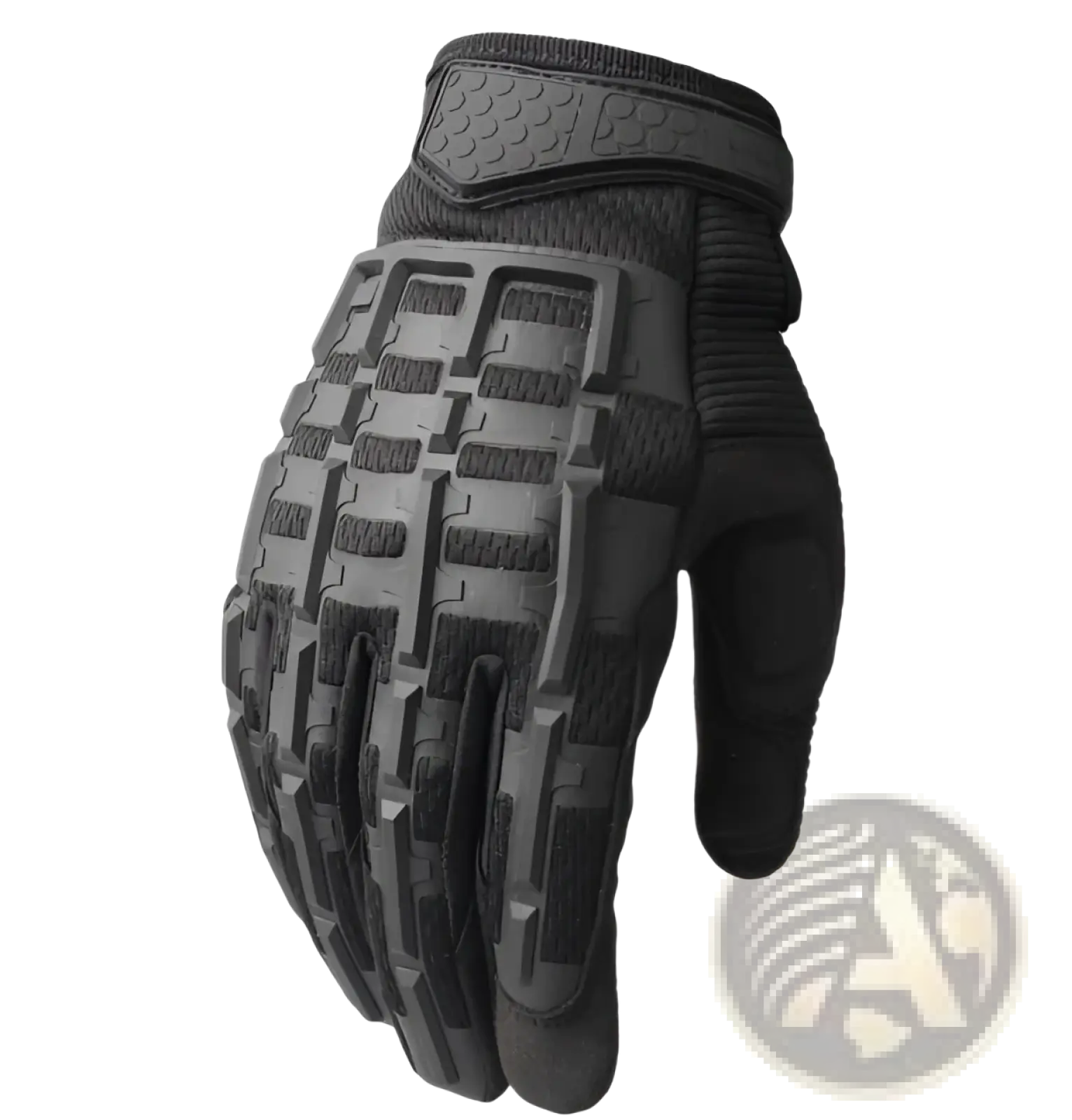 Black tactical glove with textured reinforced palm and fingers designed for grip in tan tactical gloves with reinforced knuckles