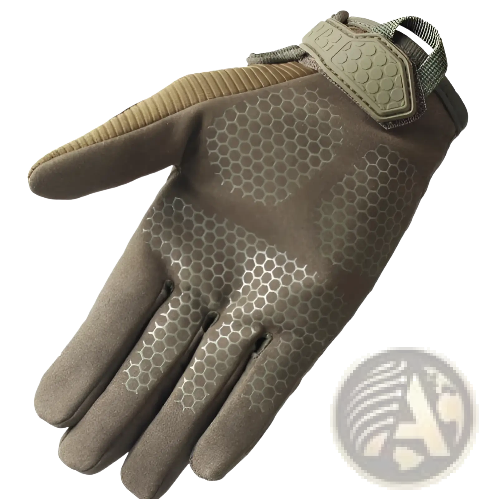 Tan tactical gloves with reinforced knuckles and honeycomb textured palm designed for durability and grip