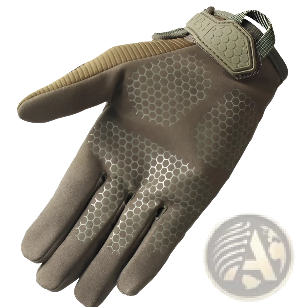 Tan tactical gloves with reinforced knuckles and honeycomb textured palm designed for durability and grip