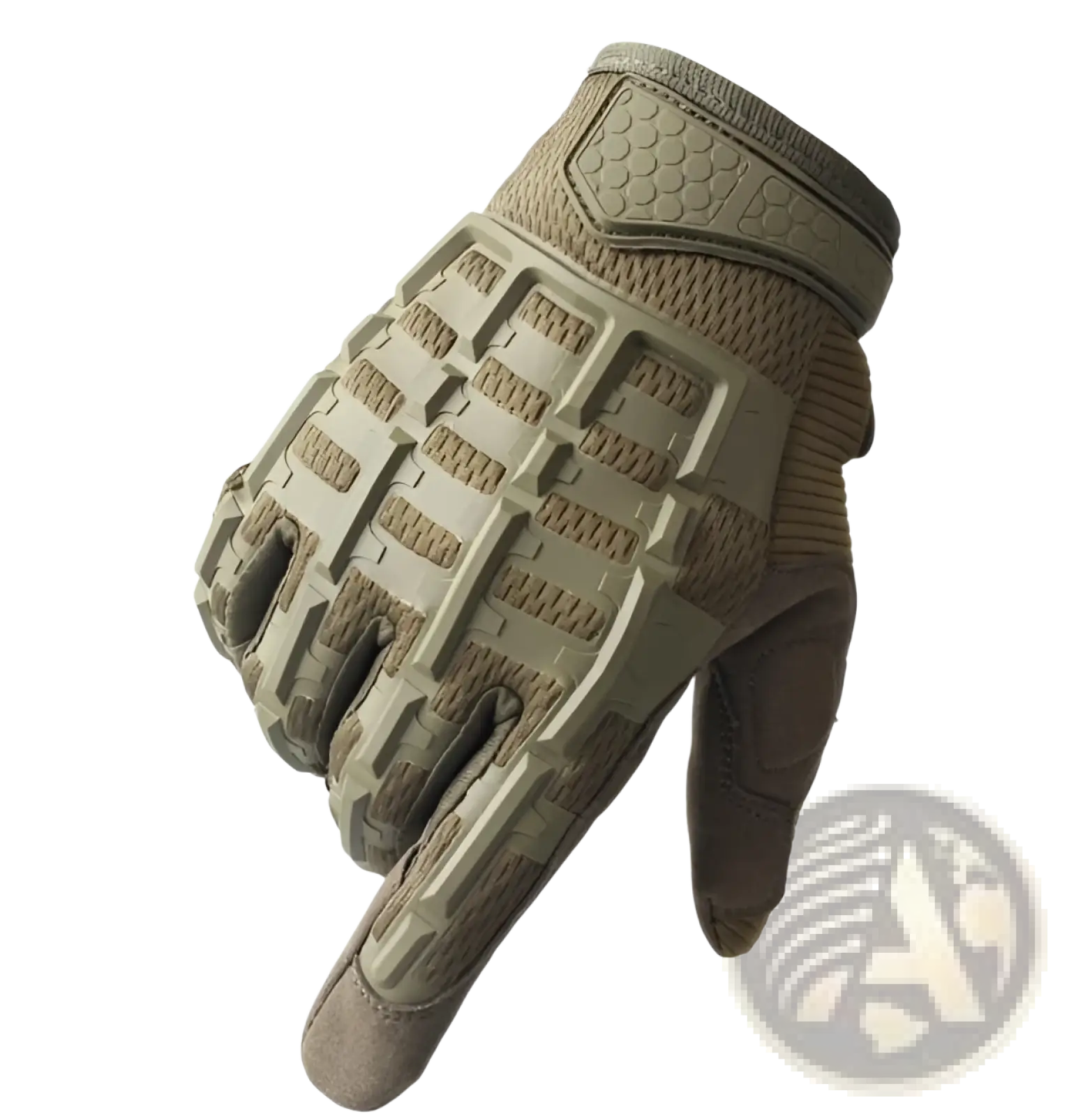 Tan tactical gloves with reinforced knuckles feature a breathable mesh back and durable synthetic palm and fingers