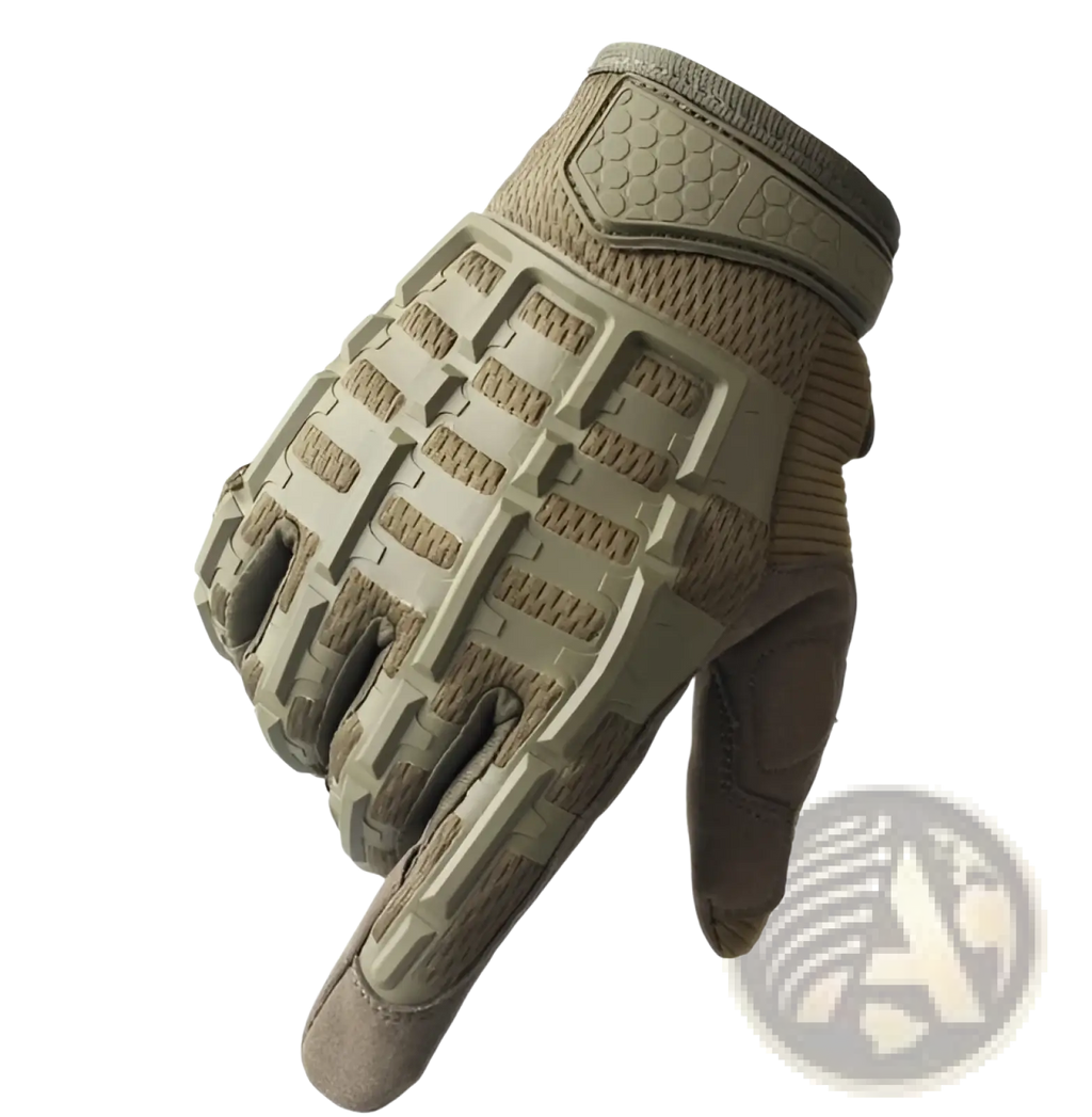 Tan tactical gloves with reinforced knuckles feature a breathable mesh back and durable synthetic palm and fingers
