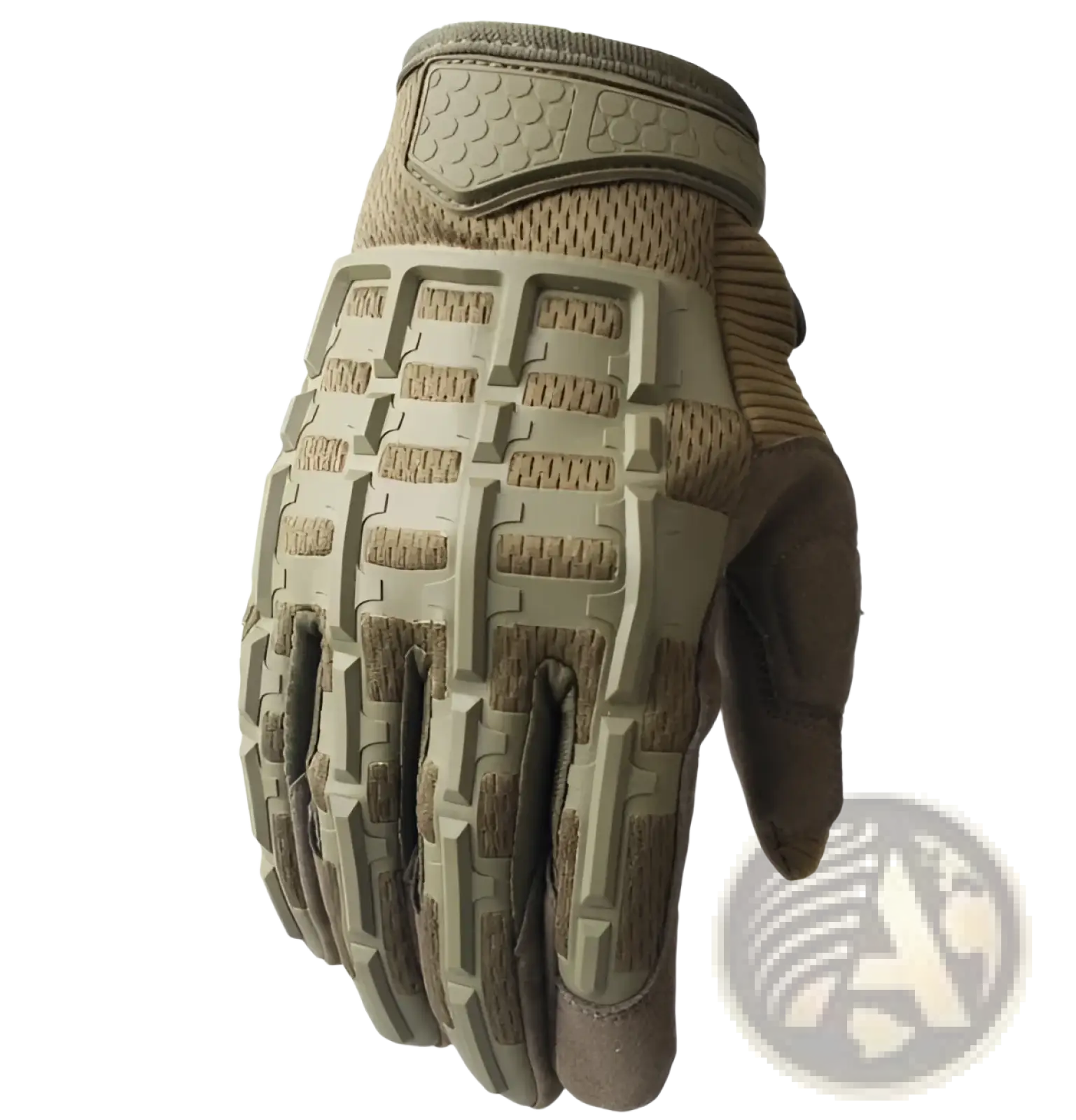 Tan tactical gloves with reinforced knuckles showing breathable mesh backhand and synthetic leather grips