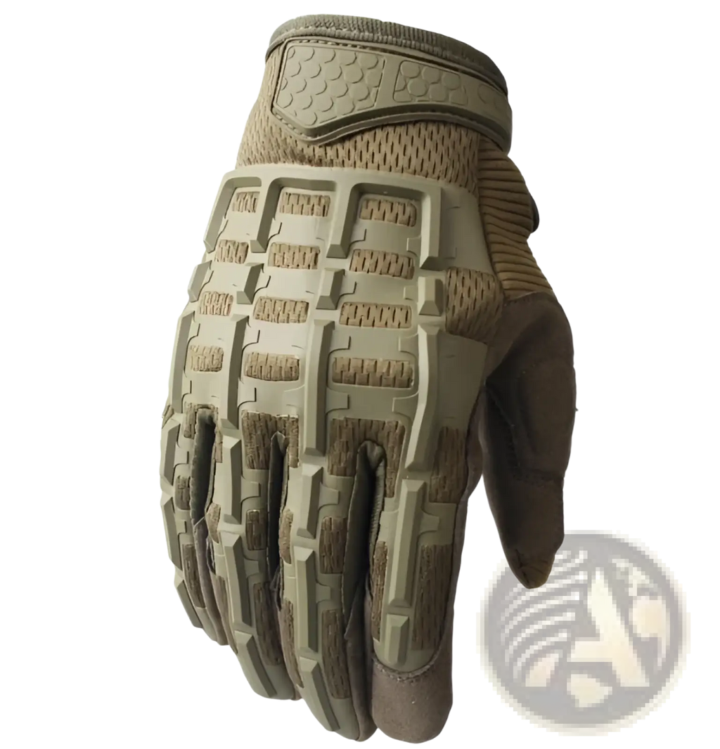 Tan tactical gloves with reinforced knuckles showing breathable mesh backhand and synthetic leather grips