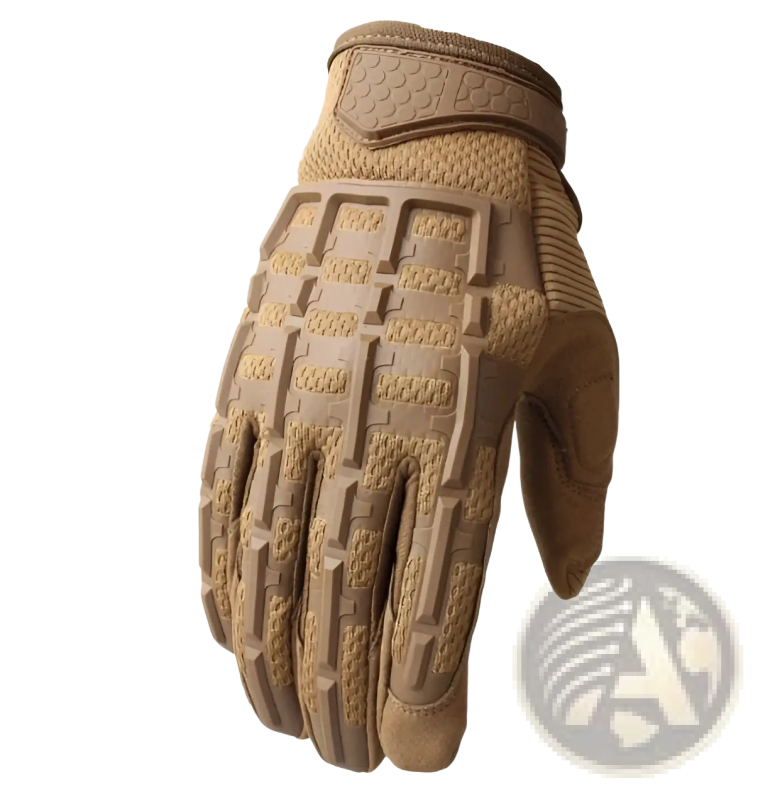 Tan tactical glove with reinforced knuckles textured grip panels and durable stitching on the back side