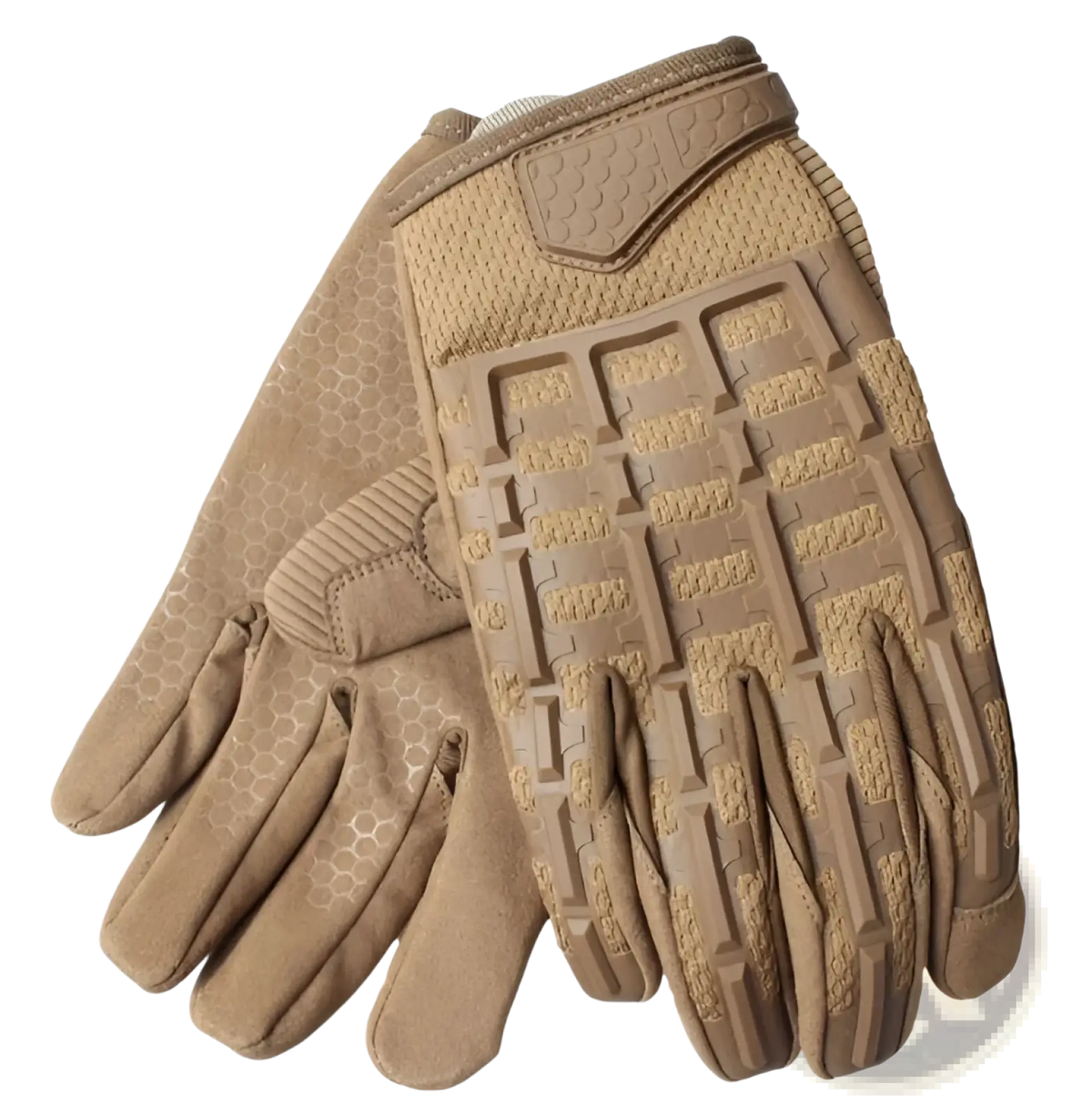 Tan tactical gloves with reinforced knuckles feature textured grip patterns and a reinforced palm design