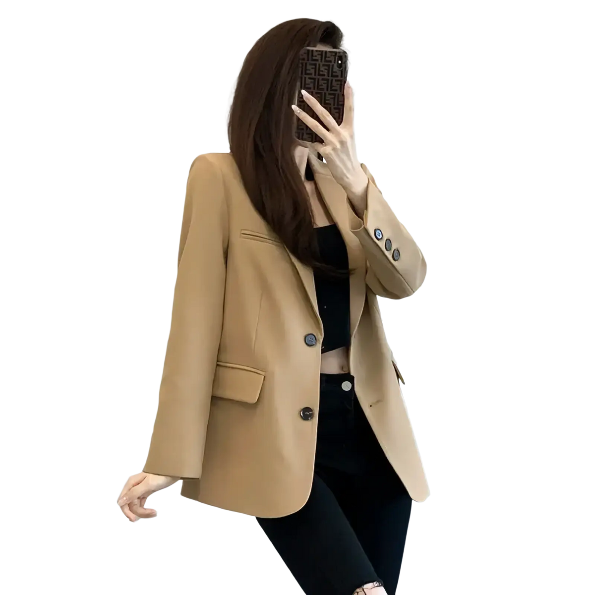 Tan wool blazer casual long suit jacket for women with three dark buttons and flap pockets