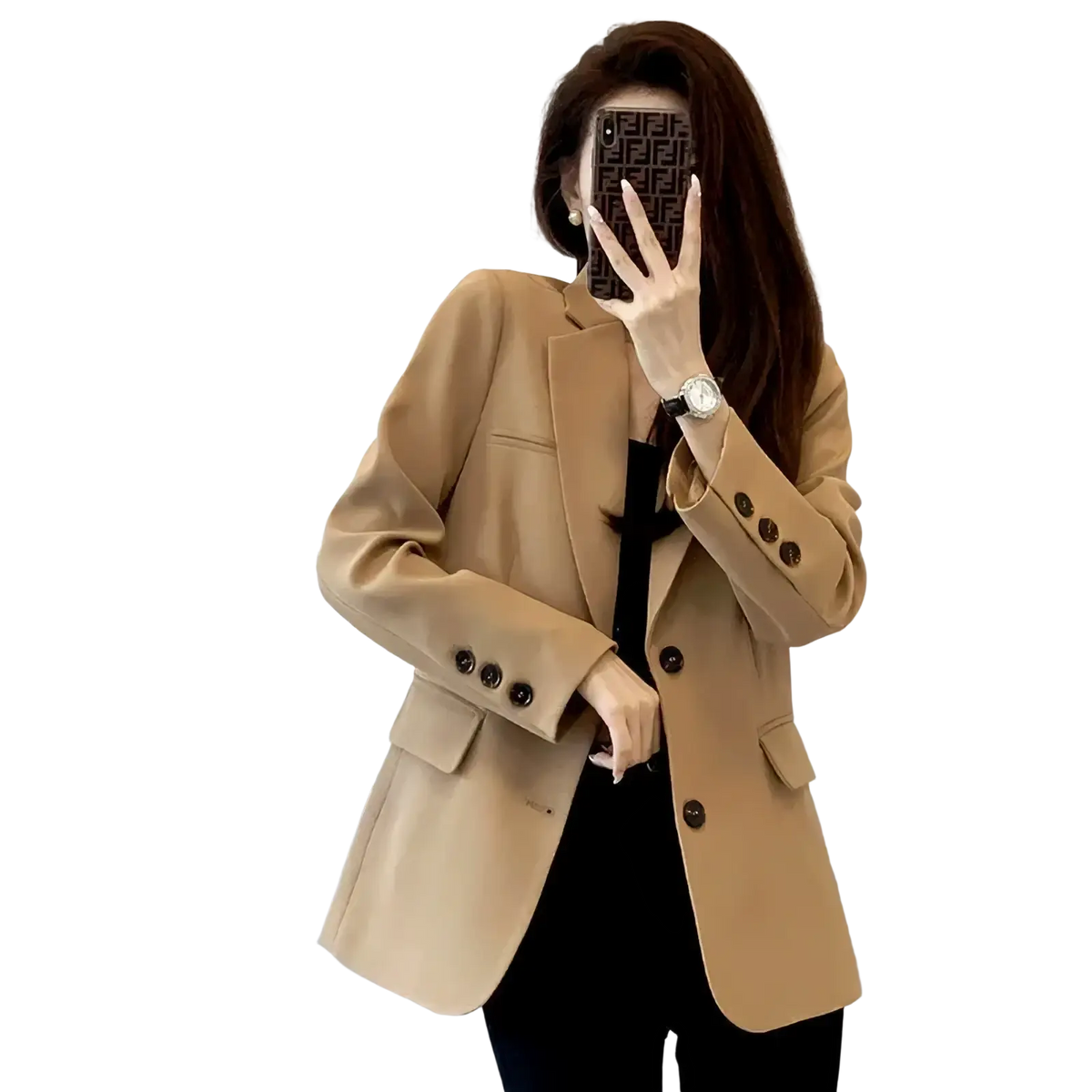 Tan wool blazer casual long suit jacket women with three dark brown buttons on sleeves and front closure