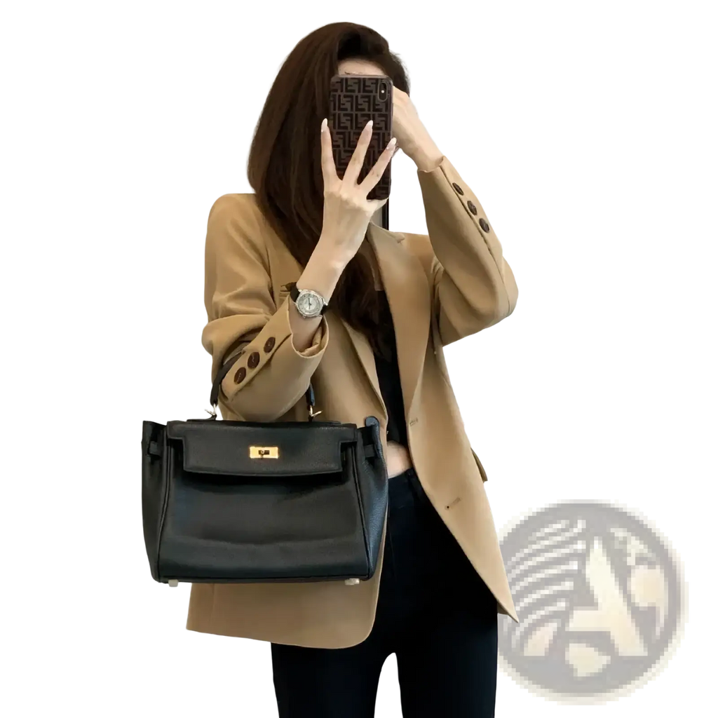 Black leather handbag with gold tone hardware and classic flap design paired with tan wool blazer casual long suit jacket women