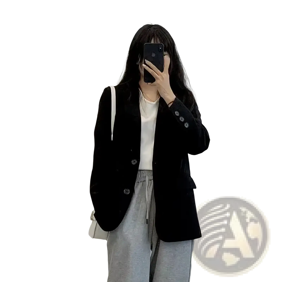 Black velvet blazer with three-button cuffs and tailored fit complements tan wool casual long suit jacket for women