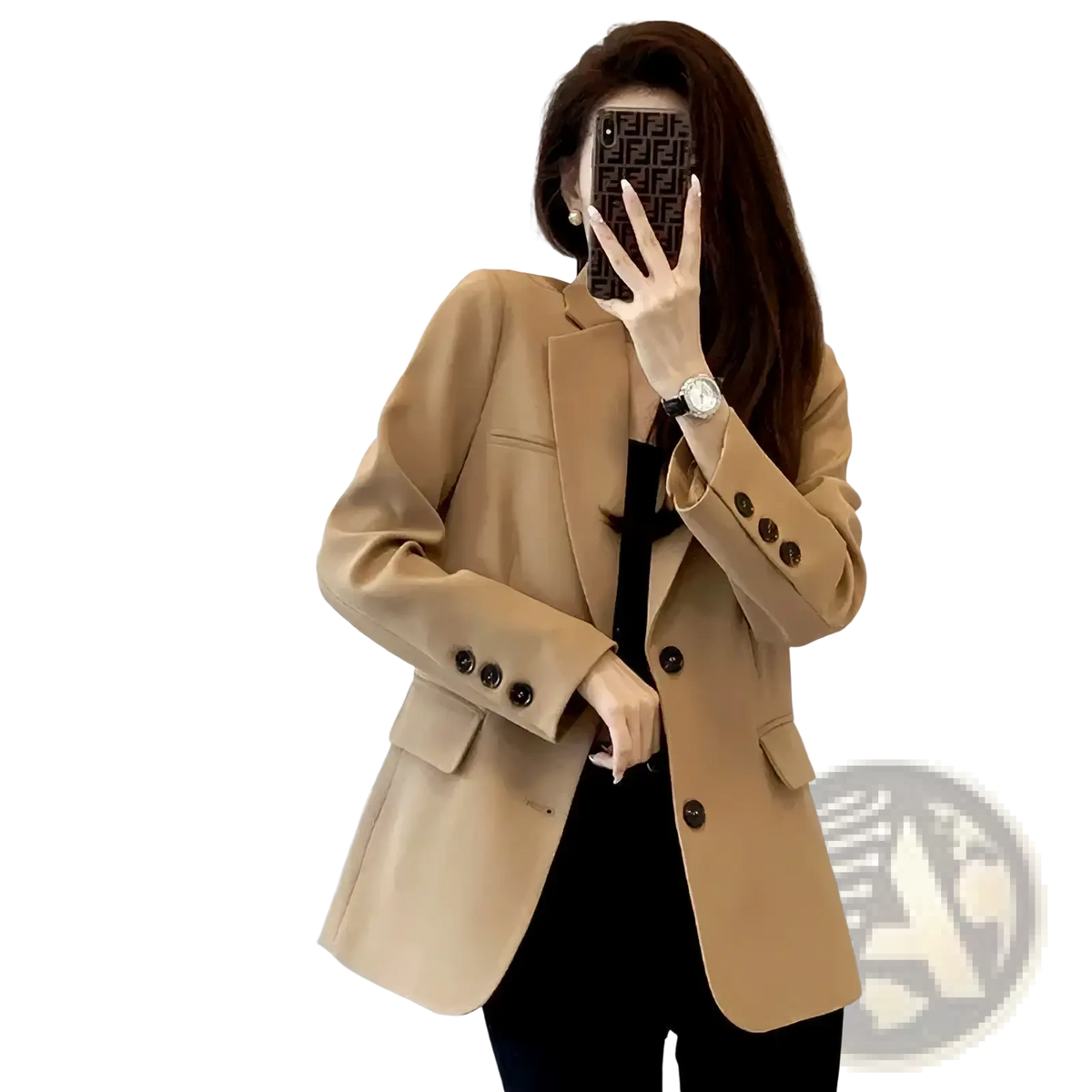 Tan wool blazer casual long suit jacket women with three dark brown buttons on sleeves and front closure