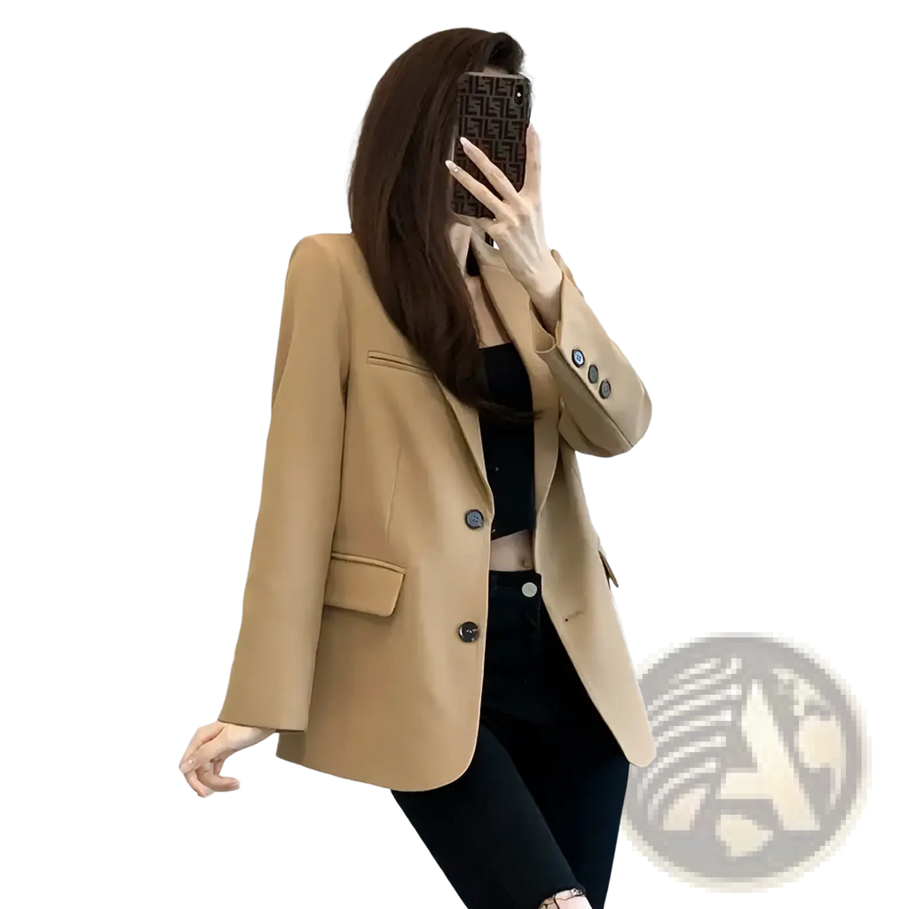 Tan wool blazer casual long suit jacket for women with three dark buttons and flap pockets