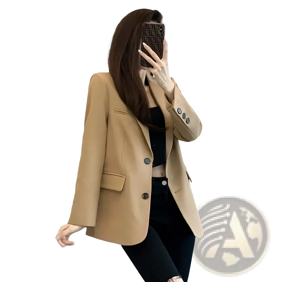 Tan wool blazer casual long suit jacket for women with three dark buttons and flap pockets