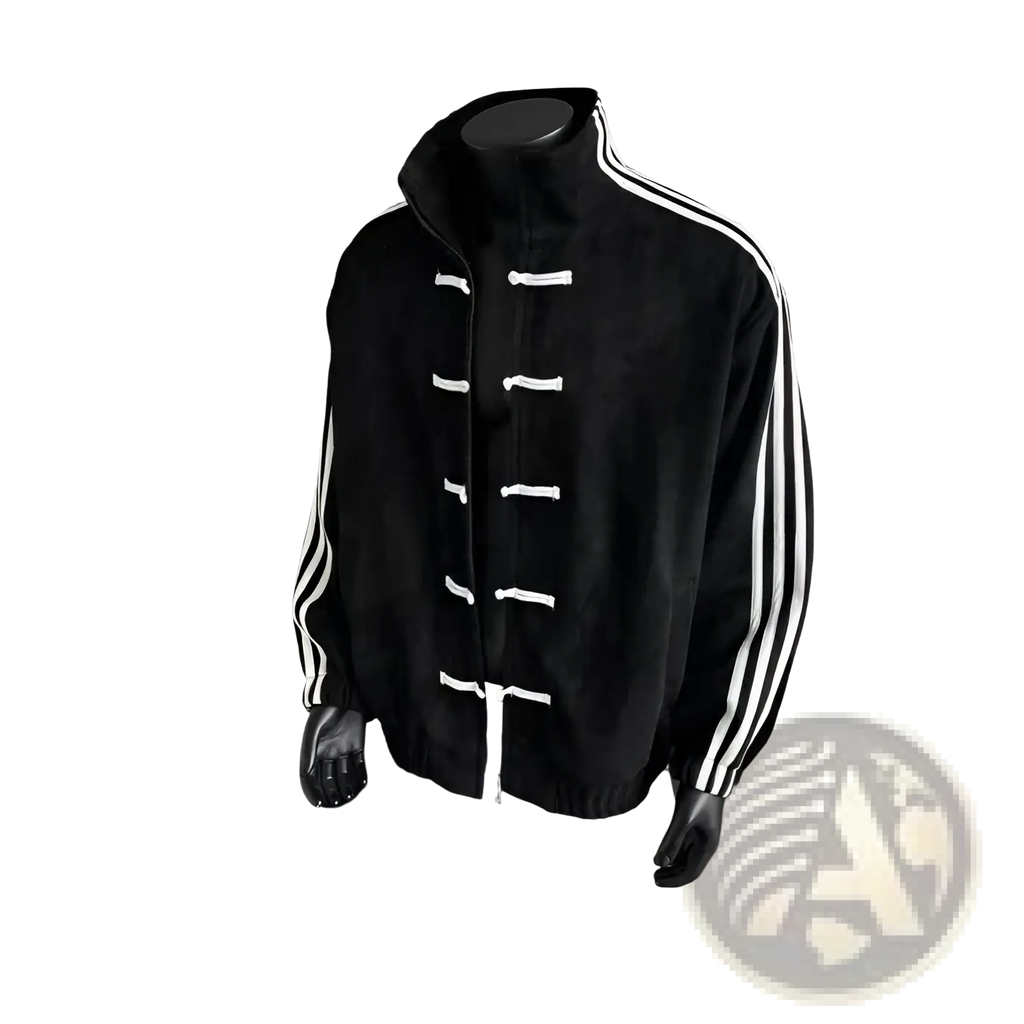 Black corduroy tang style fleece sport jacket with white toggle closures and three vertical stripes on each sleeve