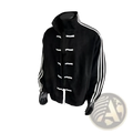 Black corduroy tang style fleece sport jacket with white toggle closures and three vertical stripes on each sleeve