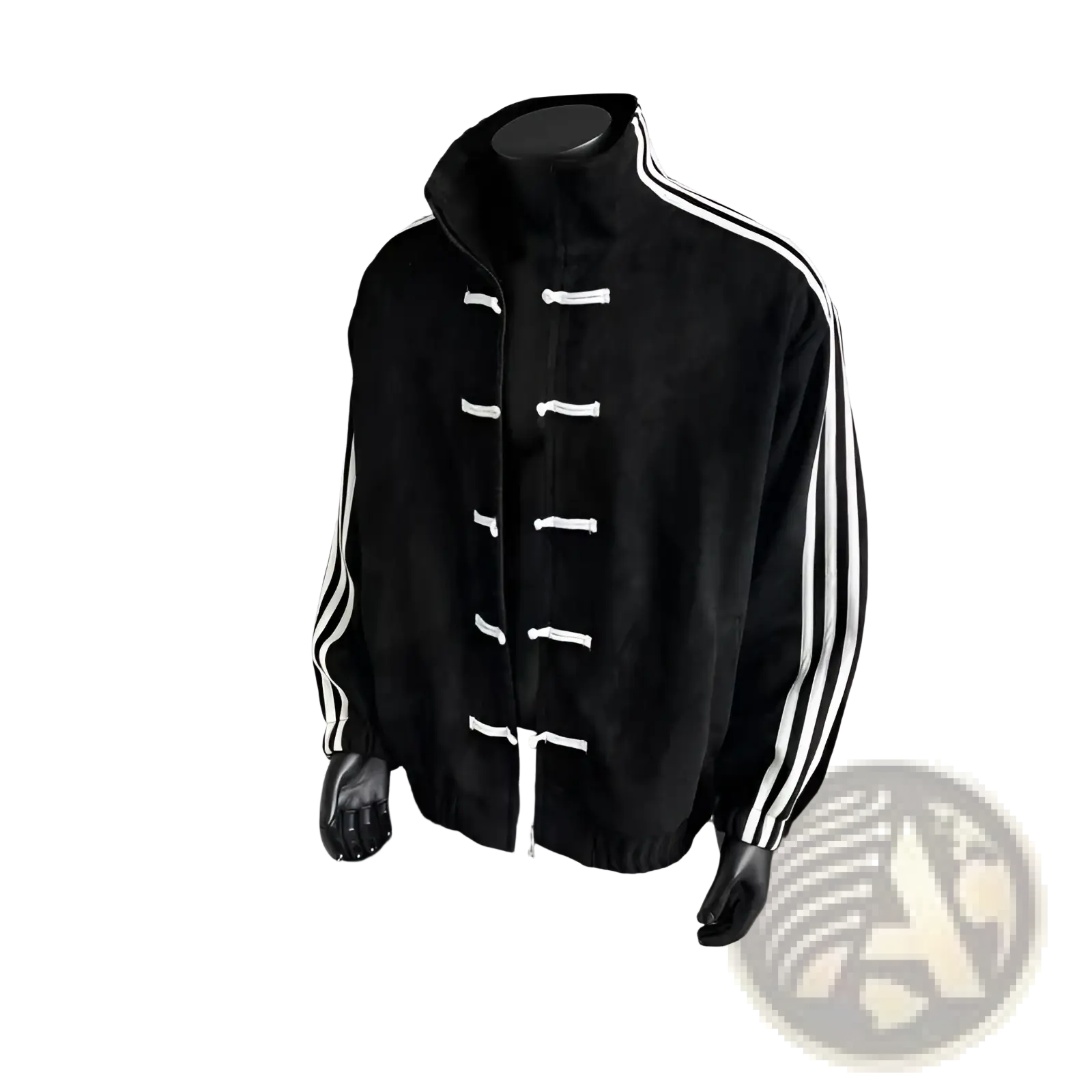 Black corduroy tang style fleece sport jacket with white toggle closures and three vertical stripes on each sleeve
