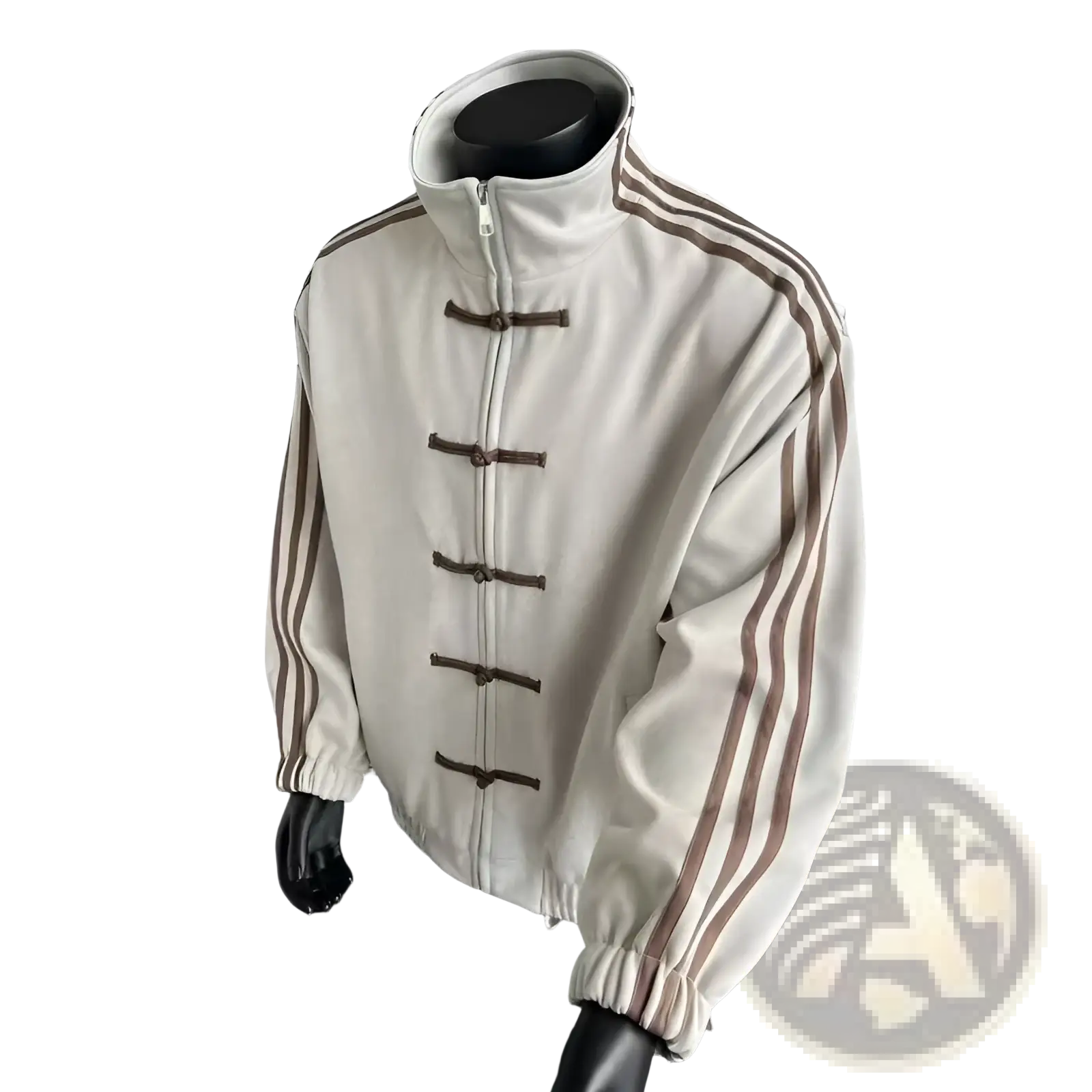 Cream-colored tang style fleece sport jacket with brown striped sleeves and toggle closures made of soft fleece