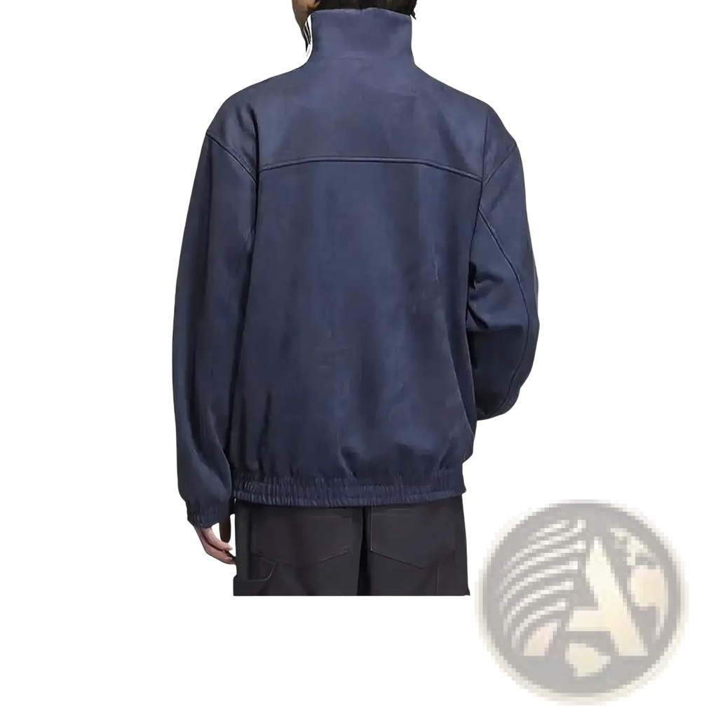 Dark blue matte-finish faux leather Tang Style fleece sport jacket with high collar and elasticated waistband