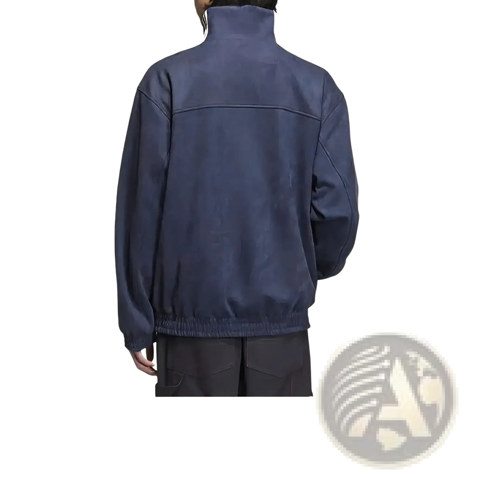 Dark blue matte-finish faux leather Tang Style fleece sport jacket with high collar and elasticated waistband