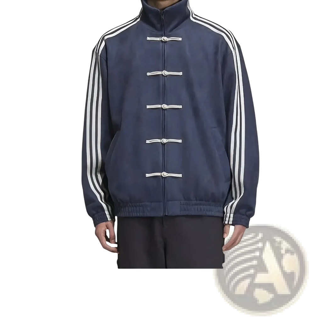 Navy blue adidas Tang Style fleece sport jacket with white three-stripe sleeves and traditional toggle closures