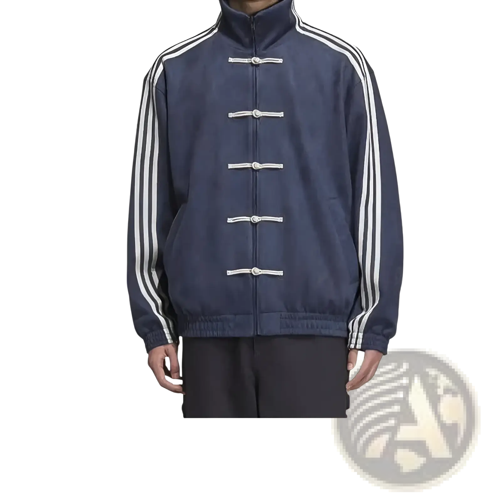 Navy blue adidas Tang Style fleece sport jacket with white three-stripe sleeves and traditional toggle closures