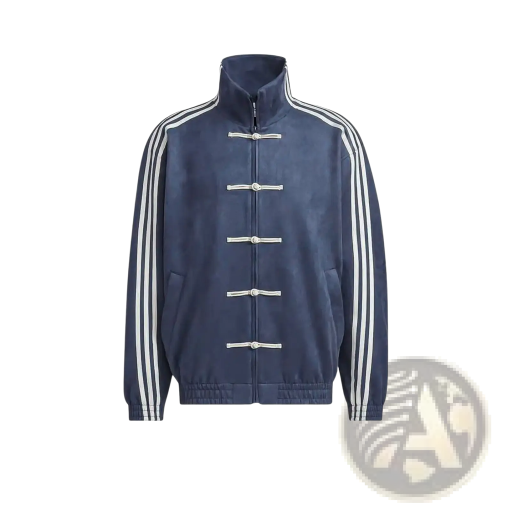 Navy blue adidas Tang Style fleece sport jacket with white three-stripe sleeves and traditional toggle closures