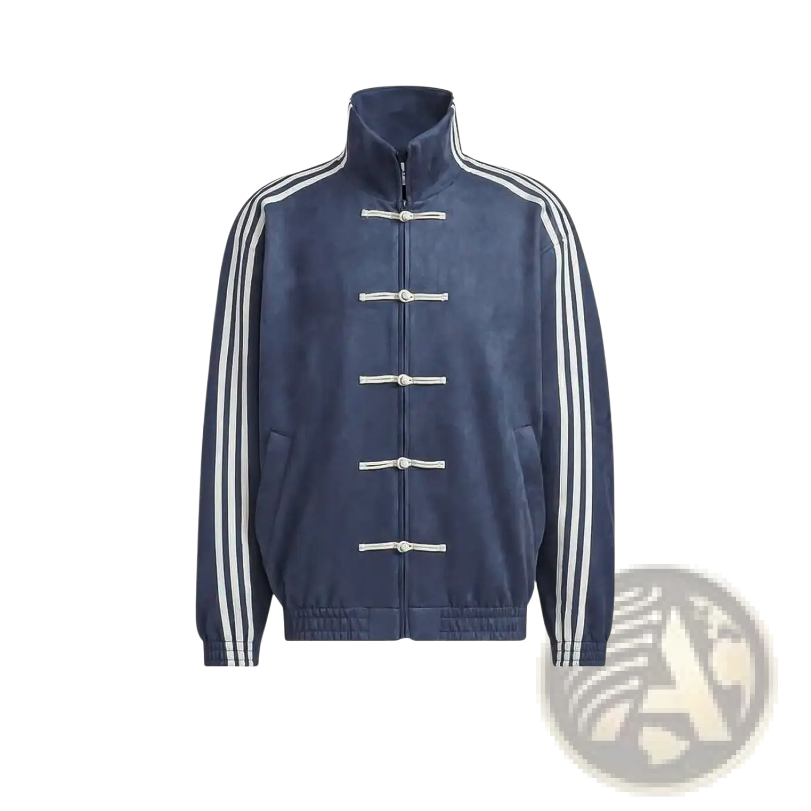 Navy blue adidas Tang Style fleece sport jacket with white three-stripe sleeves and traditional toggle closures