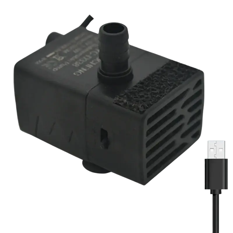 Black rectangular usb-powered submersible tank filtration pump with textured vented side and threaded outlet port for water circulation pump
