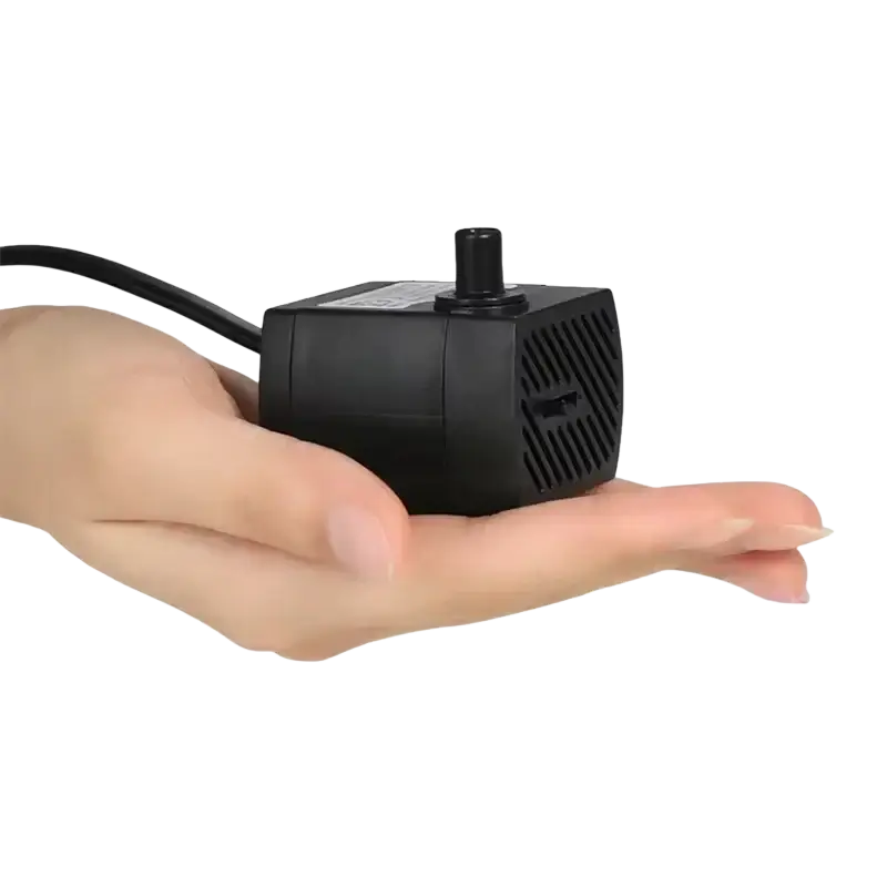 Black plastic usb submersible water circulation pump with textured surface and ventilation slits for fish tank filtration