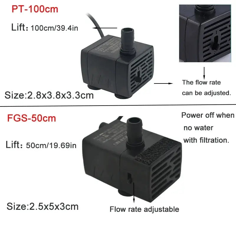 Black plastic usb submersible water circulation pump with adjustable flow and built-in filtration for fish tank filtration