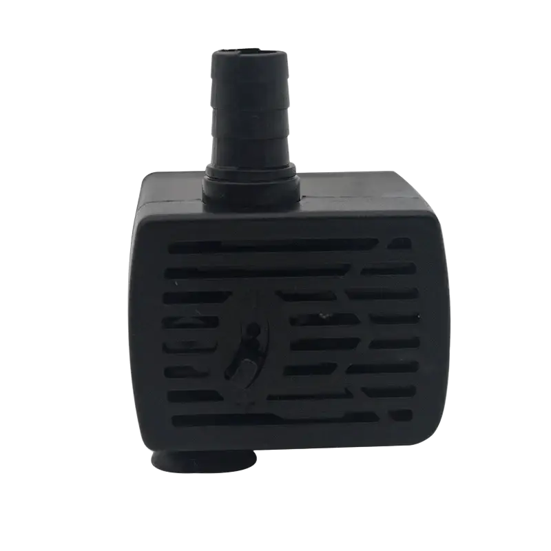Black plastic submersible tank filtration pump with rectangular body and horizontal grille for fish tank water circulation pump