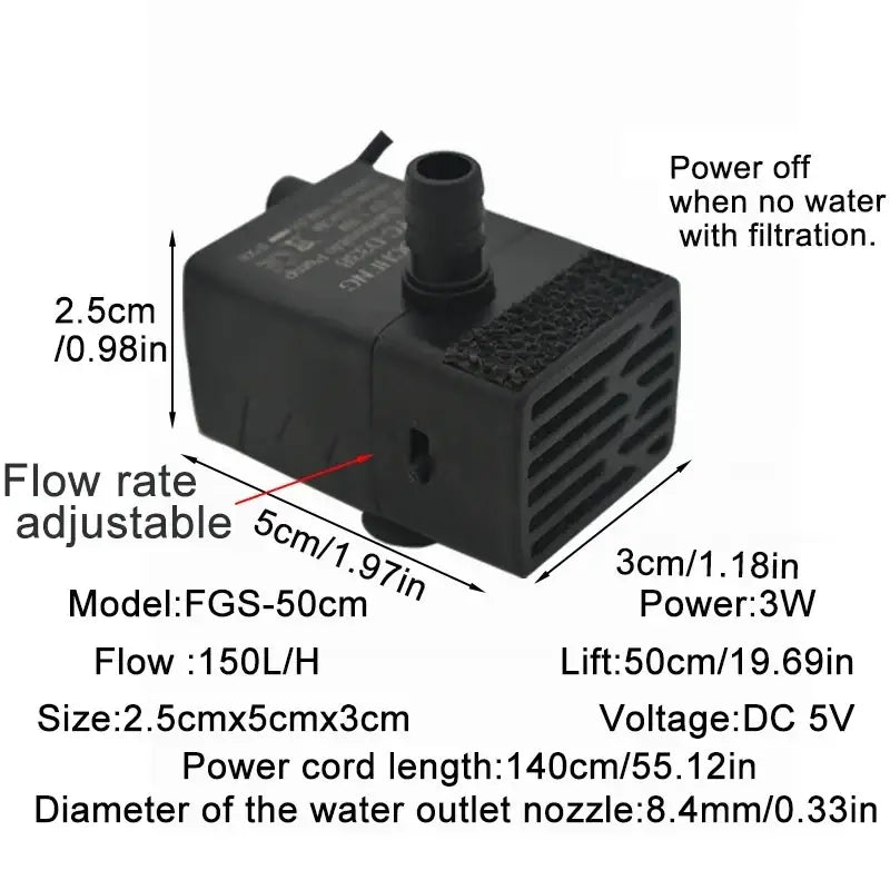Black plastic usb submersible tank filtration pump with textured grille and threaded outlet nozzle for water circulation
