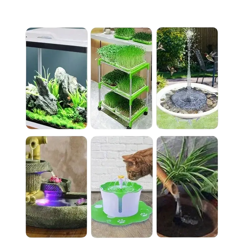 Green and white pet water fountain with paw print design featuring usb submersible tank filtration pump for water circulation