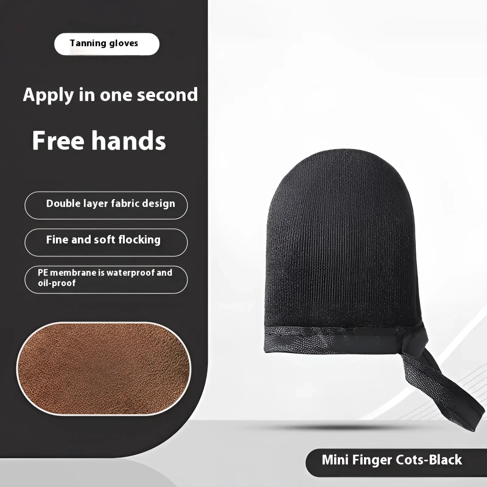 Black mini finger cots tanning mitt with double layer fabric and fine soft flocking for exfoliating and tanning