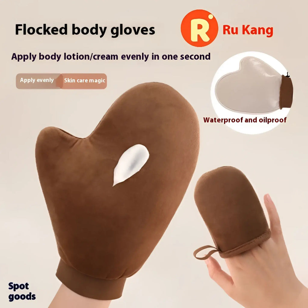 Brown flocked body gloves by ru kang designed for even lotion application in tanning mitt and exfoliating bath glove set