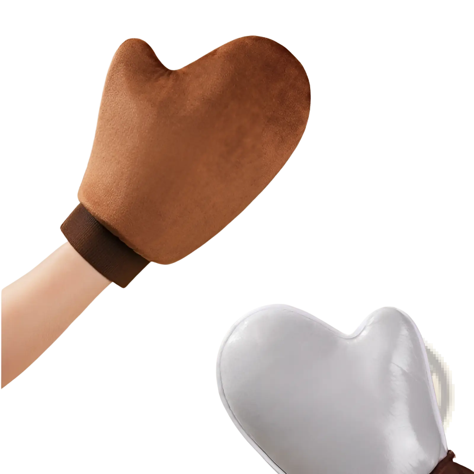 Brown plush tanning mitt and exfoliating bath glove with soft fuzzy texture and snug-fitting wristband for exfoliation