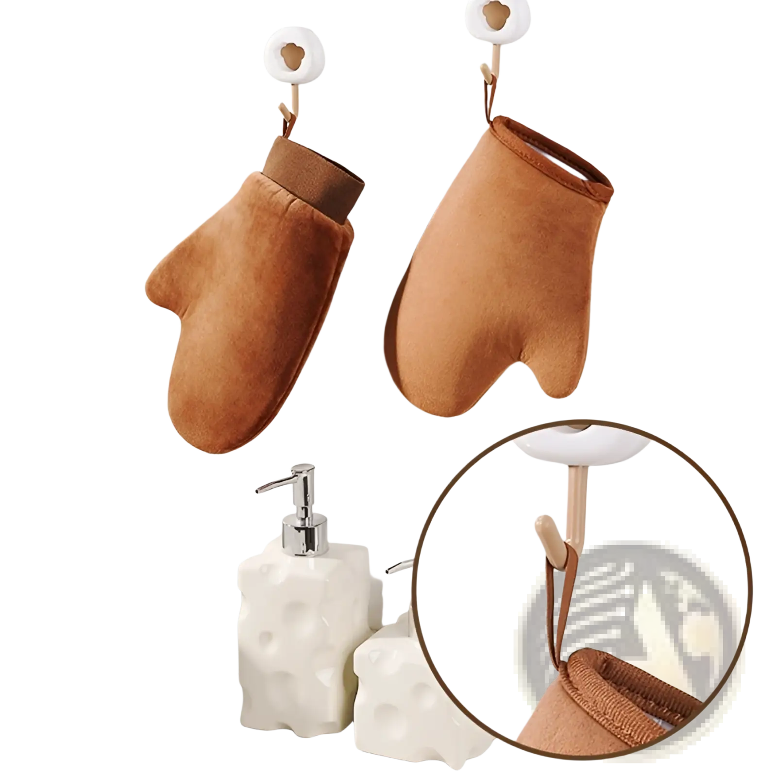 Brown velvet tanning mitt and exfoliating bath glove set with plush texture and matching fabric strap for hanging