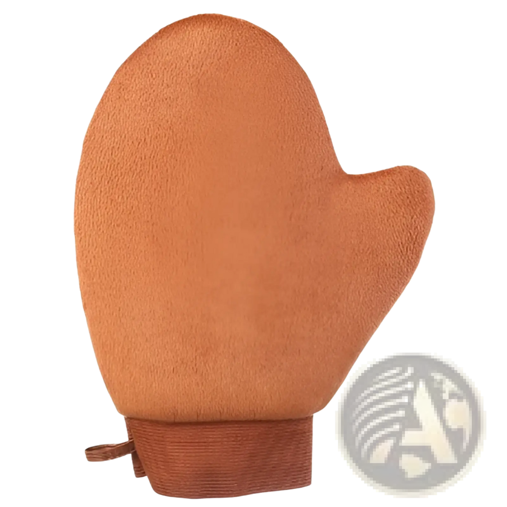 Tan soft-textured exfoliating bath glove with looped wrist strap in tanning mitt and exfoliating bath glove set