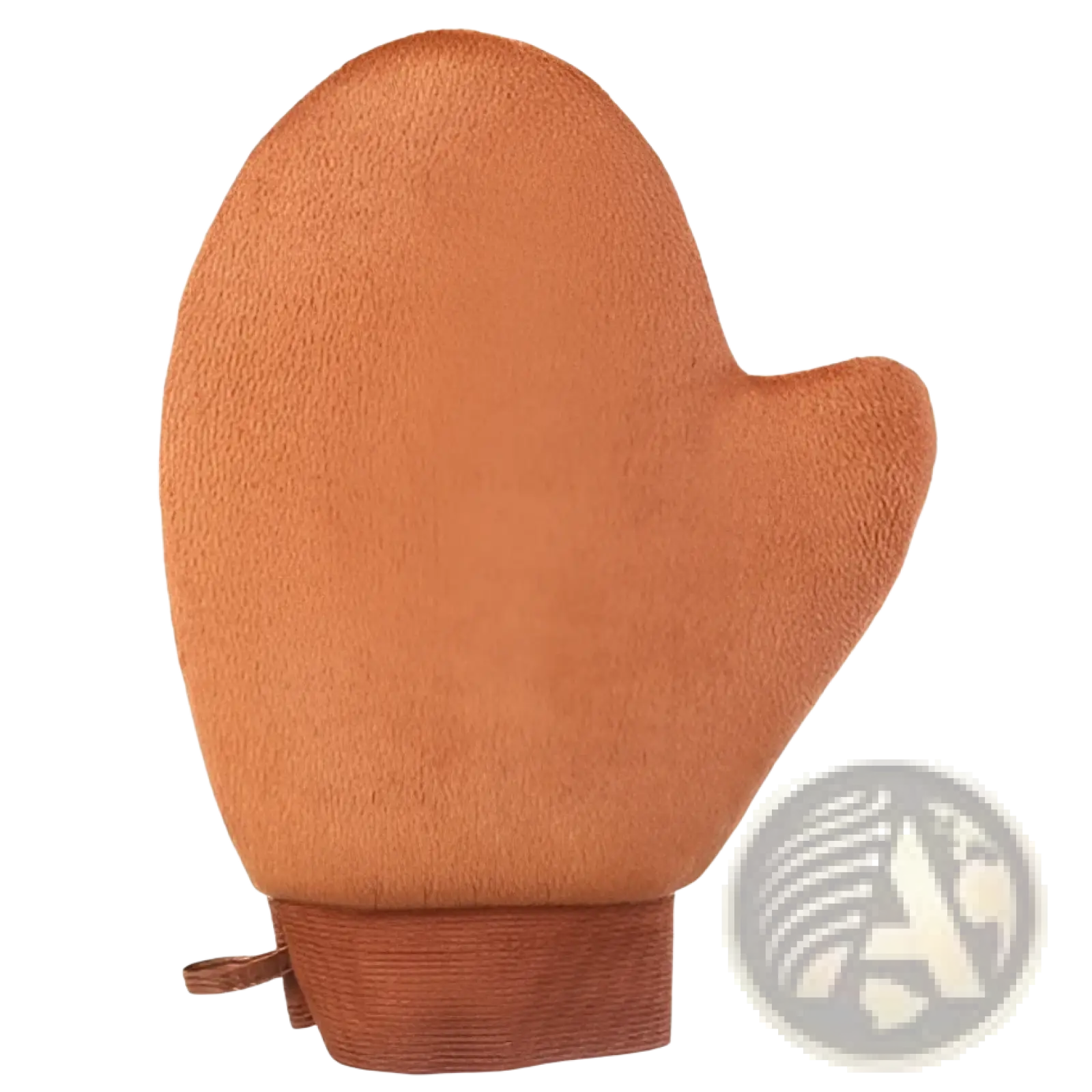Tan soft-textured exfoliating bath glove with looped wrist strap in tanning mitt and exfoliating bath glove set