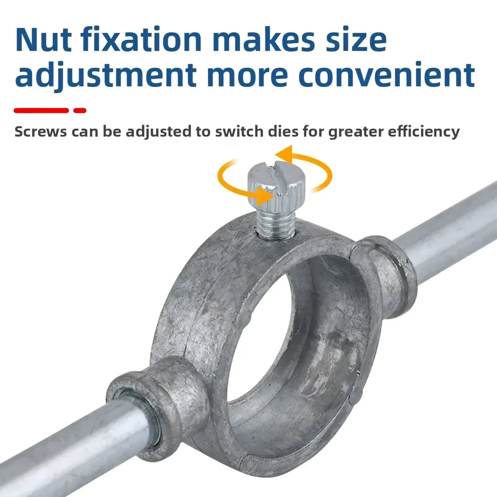 Adjustable metal pipe clamp with threaded screw and nut for size customization in tap and die set thread cutting tool kit
