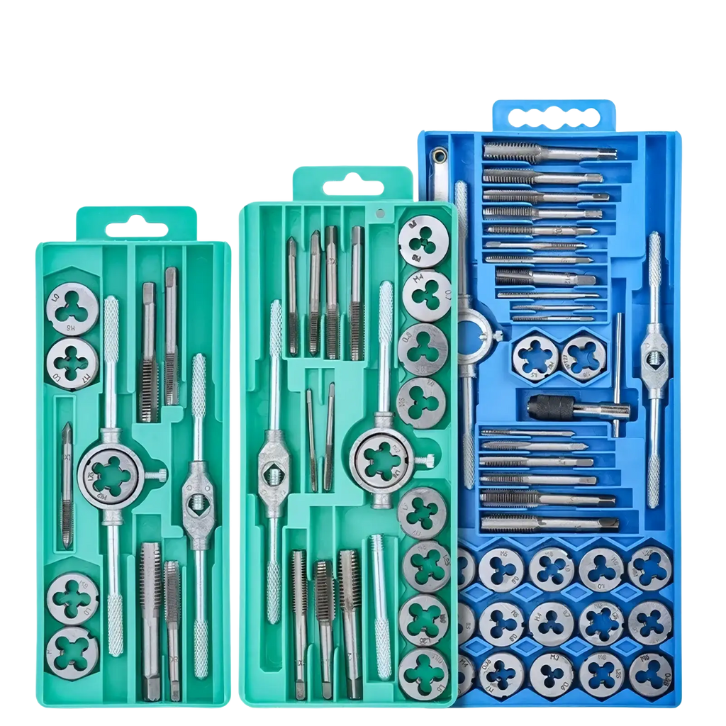 Blue and green plastic case holding a complete metal tap and die set for thread cutting and repair