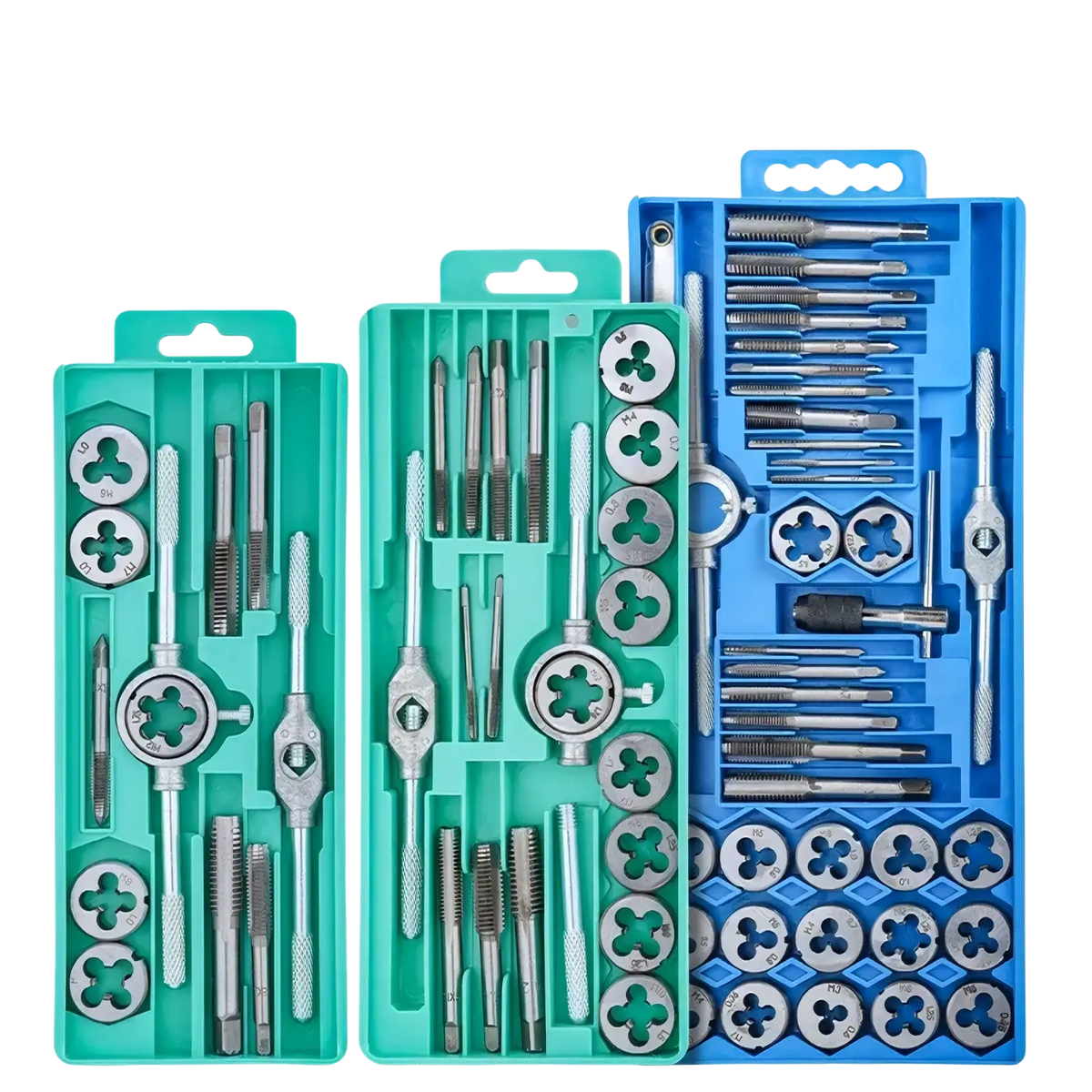 Blue and green plastic case holding a complete metal tap and die set for thread cutting and repair